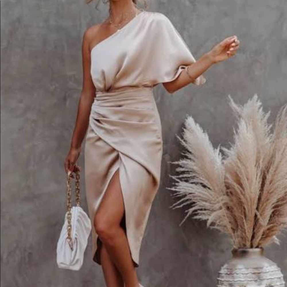 DO+BE Persimmon one shoulder tan/champagne silk dress Size Medium NWT